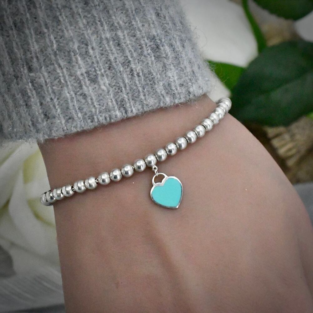 Tiffany & Co Return to Tiffany Blue Heart 4mm Bead Bracelet 925 Sterling / Pouch